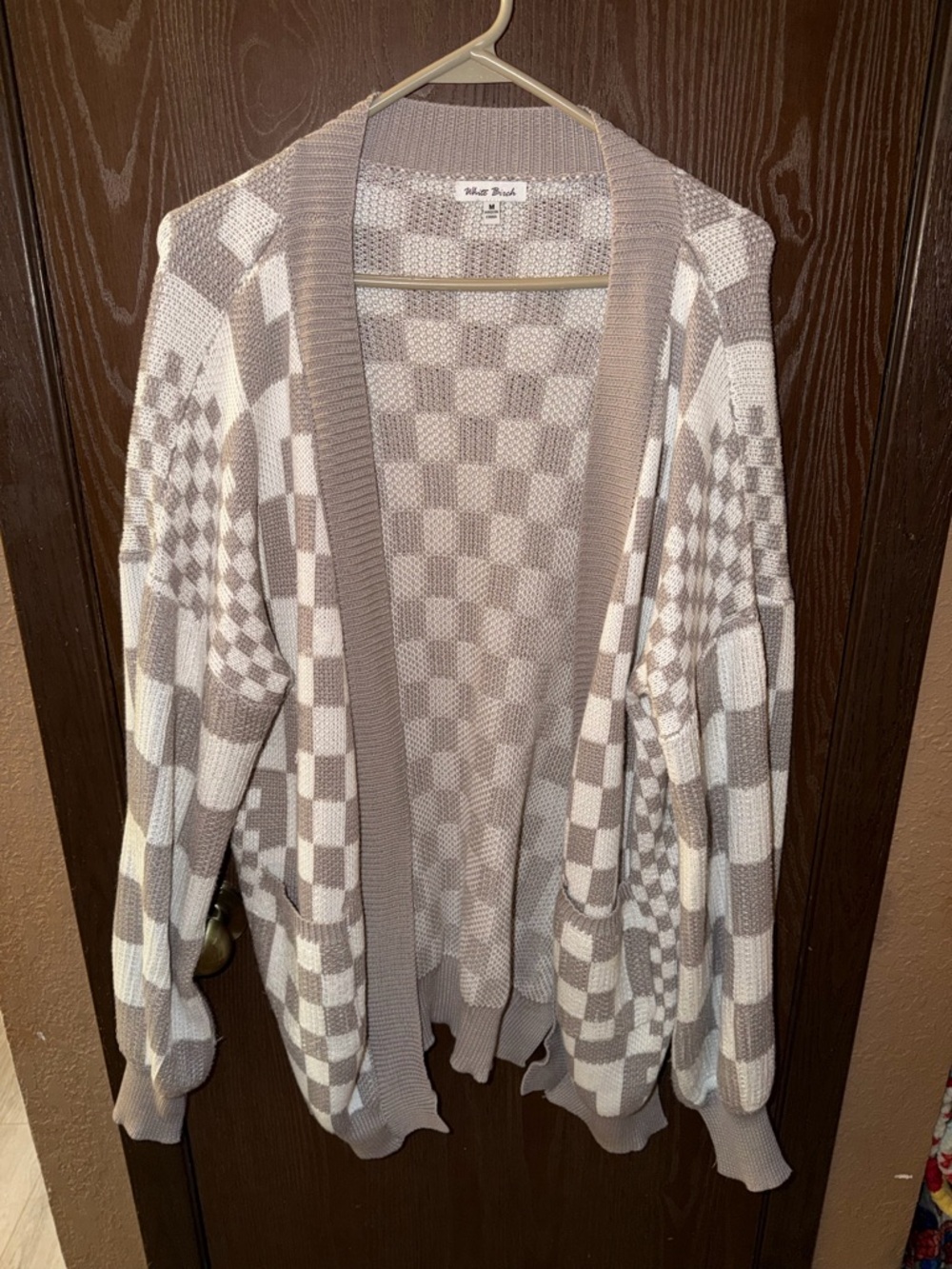 white birch Taupe and Cream Checkered Open-Front Cardigan